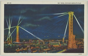 Max Rigot Selling Co., Chicago Sky Ride by Night, from the Chicago World's Fair series (PC225-1), 1933 American,  Commercial color lithograph; Sheet: 3 9/16 × 5 1/2 in. (9 × 14 cm) The Metropolitan Museum of Art, New York, The Jefferson Burdick Collection, Gift of Jefferson Burdick, 1947 (Burdick 435, PC225-1.18) http://www.metmuseum.org/Collections/search-the-collections/682852