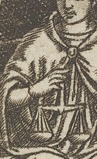 The cardinal virtue of Justice represented by a seated woman holding a pair of scales and a sword (possibly a modern impression)